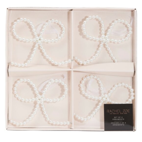 4 pc Rachel Zoe White Faux Pearl Bow Christmas Ornament Set Holidays 5" NEW - Picture 1 of 3